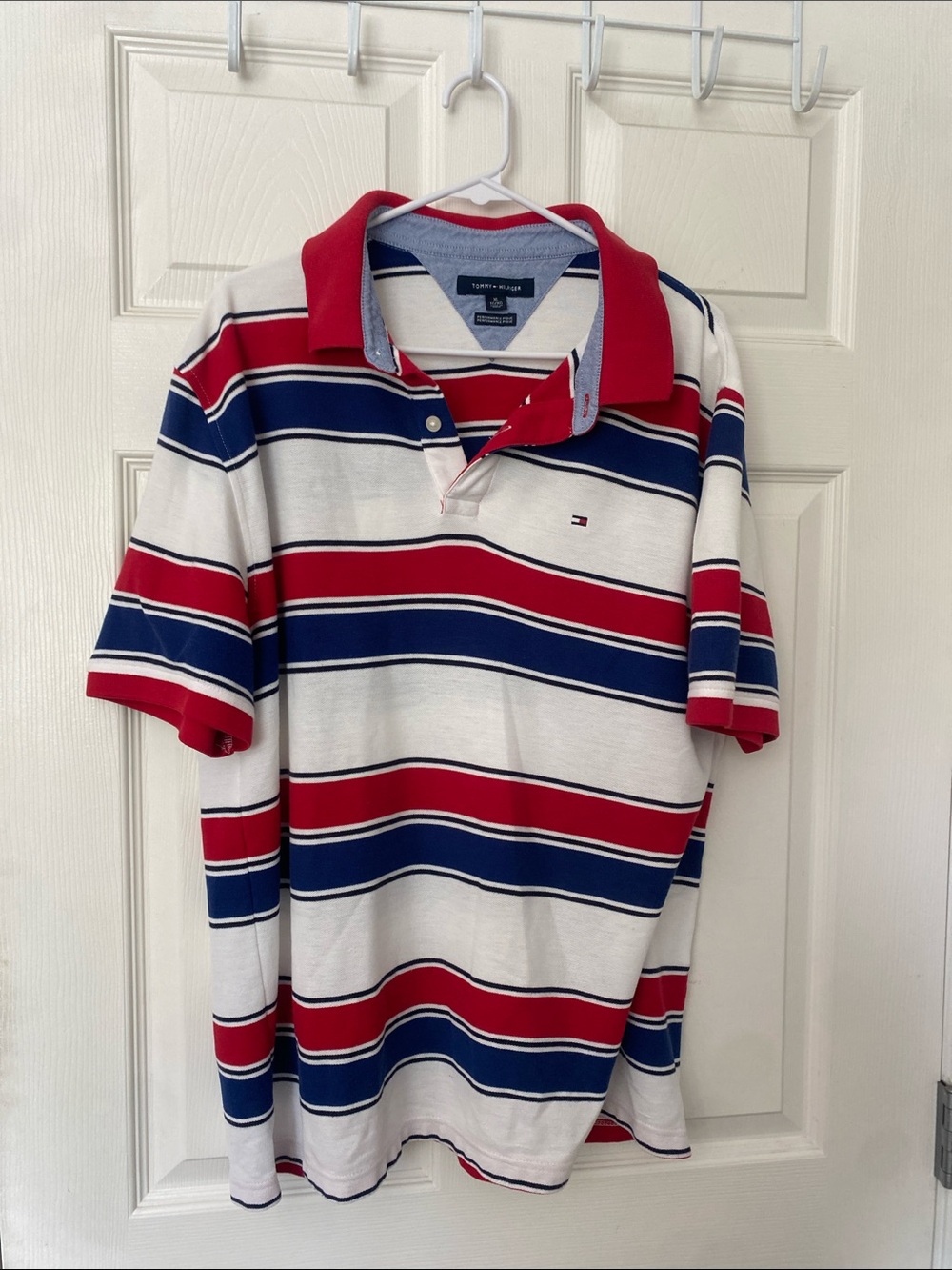 Tommy Hilfiger Red Navy White Triangular Label Polo Detail